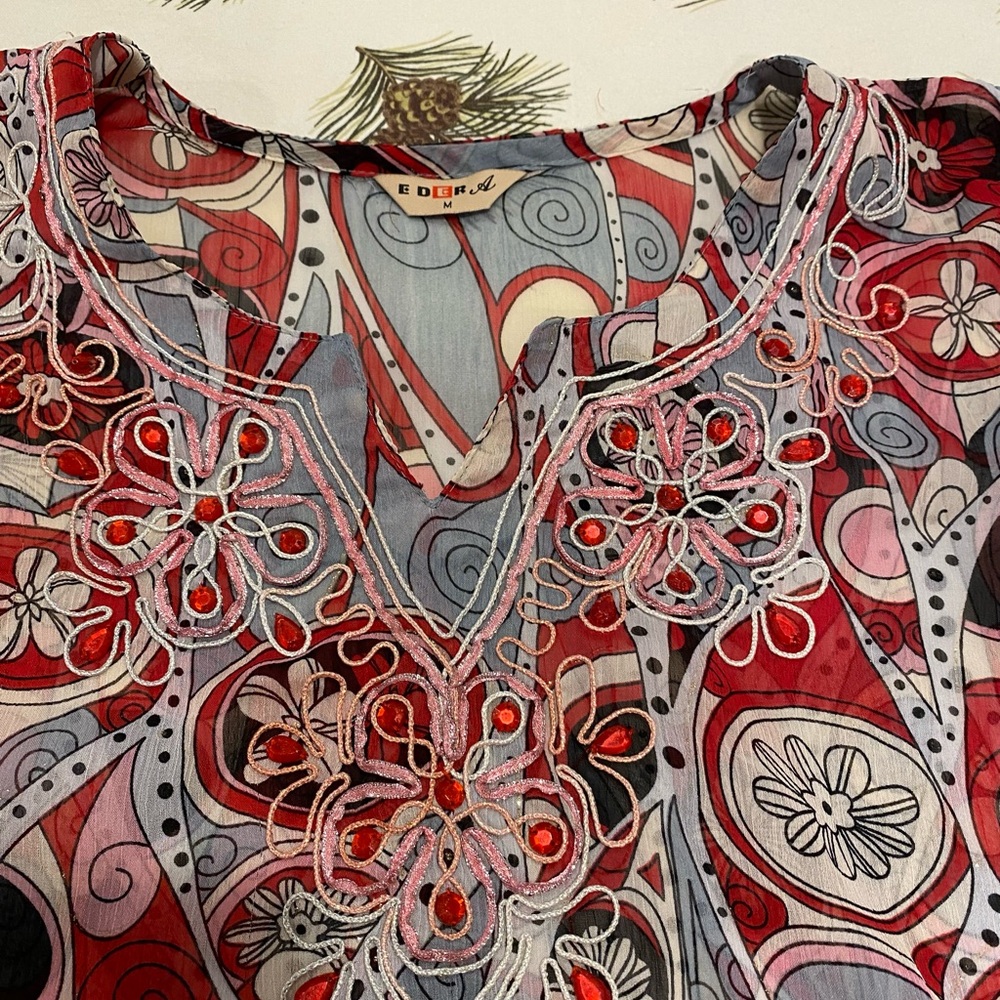 Colorful Sheer Blouse W/faux Gems & Silver Threading